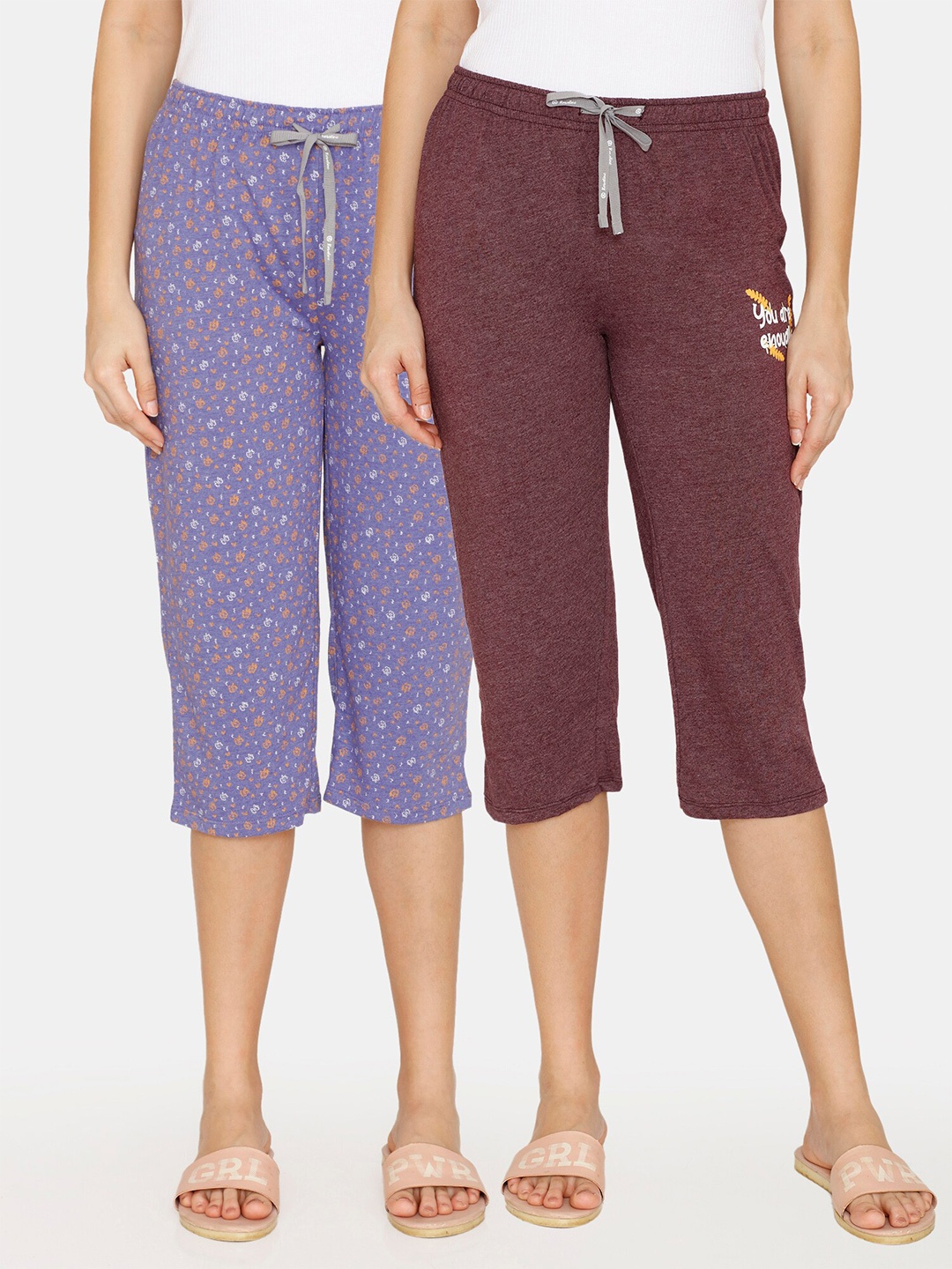 

Rosaline by Zivame Women Pack Of 2 Printed Pure Cotton Lounge Capris, Purple