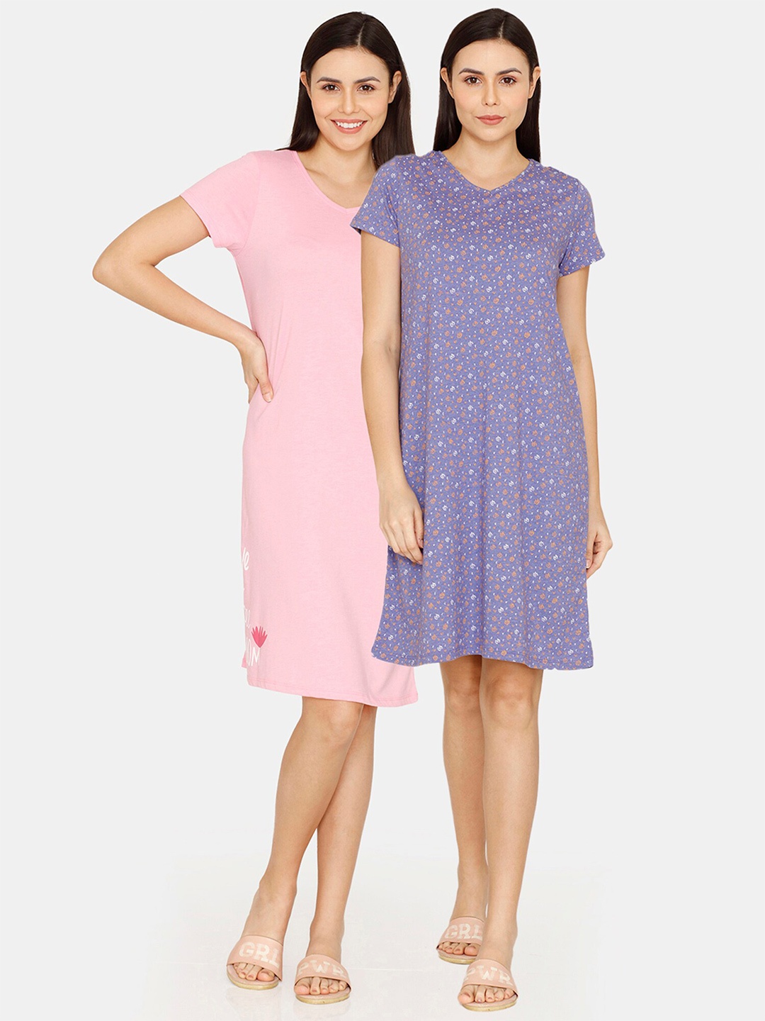 

Rosaline by Zivame Pack Of 2 Printed Nightdress, Pink