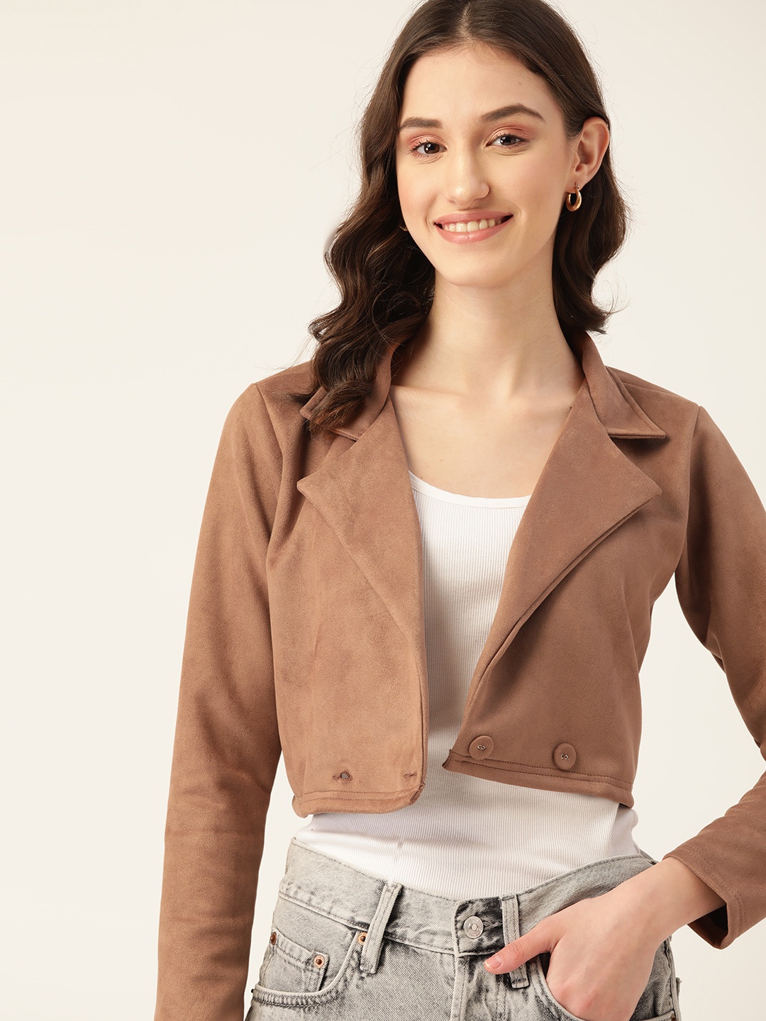 

4WRD by Dressberry Women Brown Crop Open Front Jacket