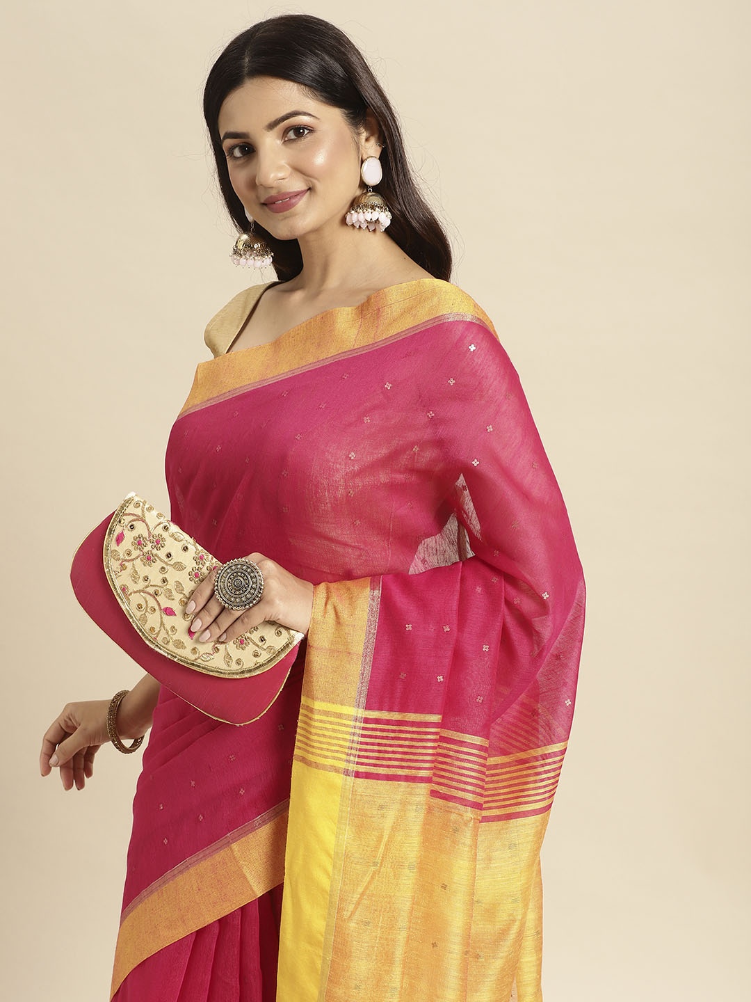 

DESH BIDESH Pink & Yellow Ethnic Motifs Taant Saree