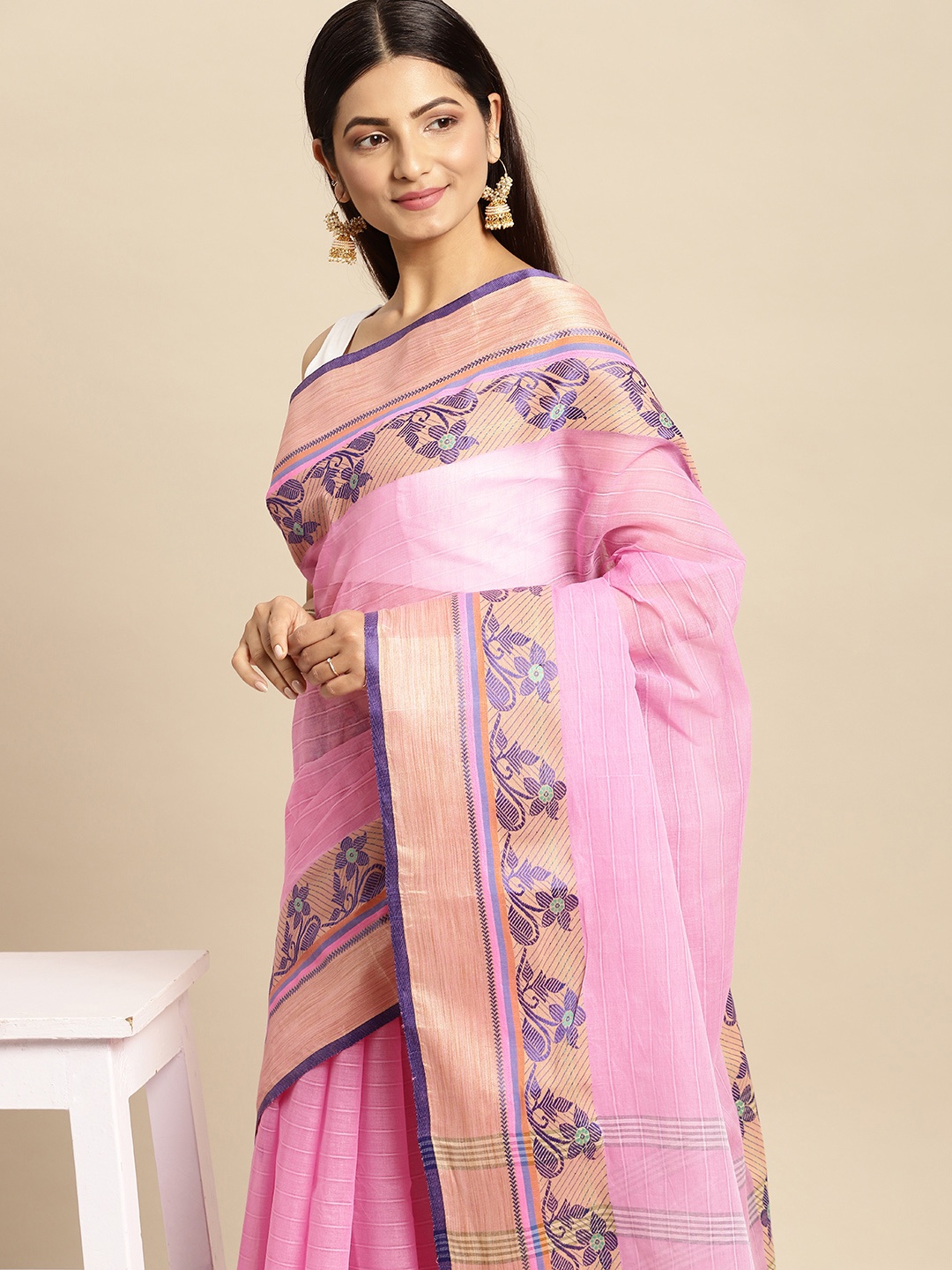 

DESH BIDESH Pink Ethnic Motifs Pure Cotton Taant Saree