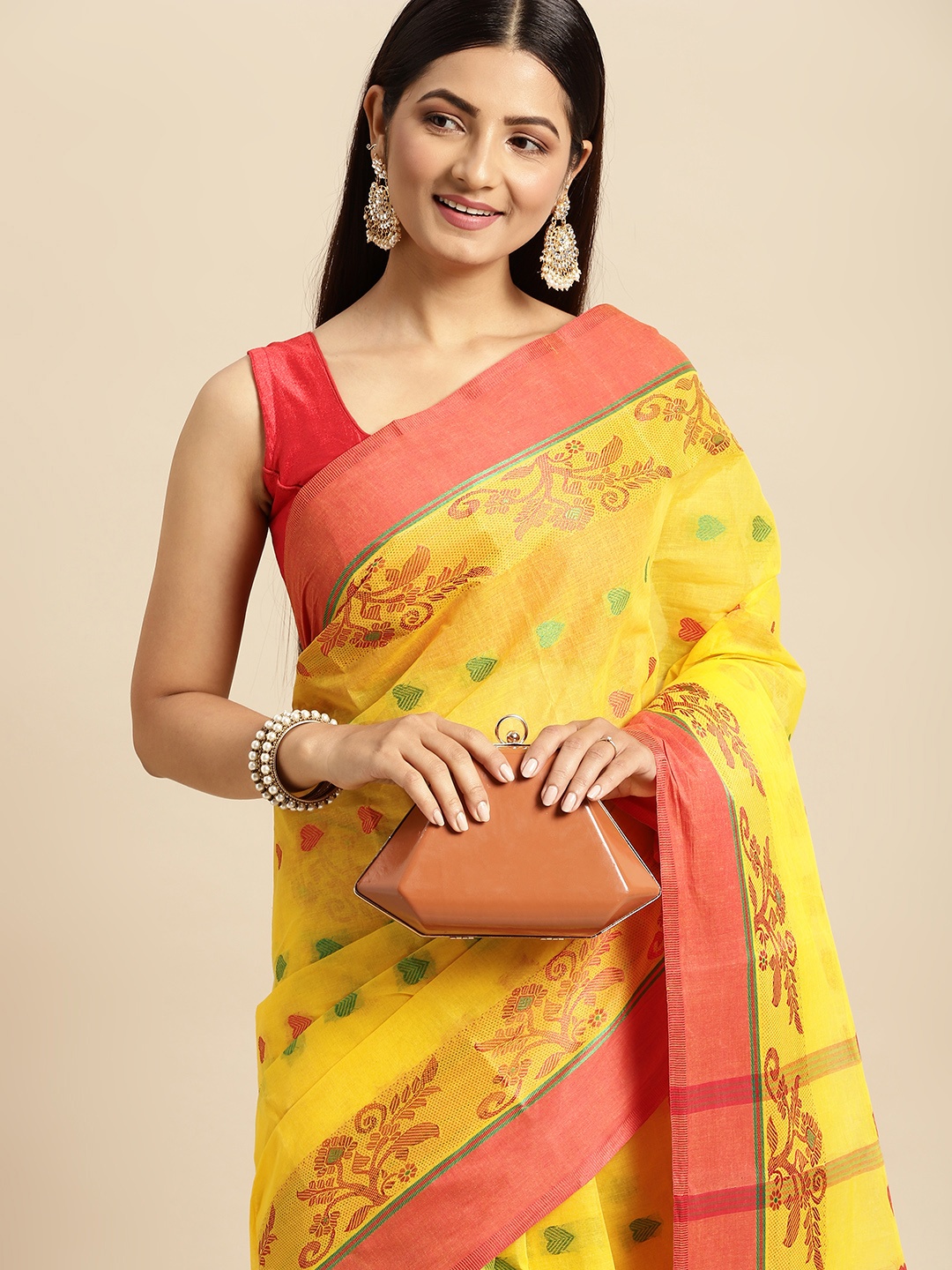 

DESH BIDESH Yellow & Red Ethnic Motifs Pure Cotton Taant Saree