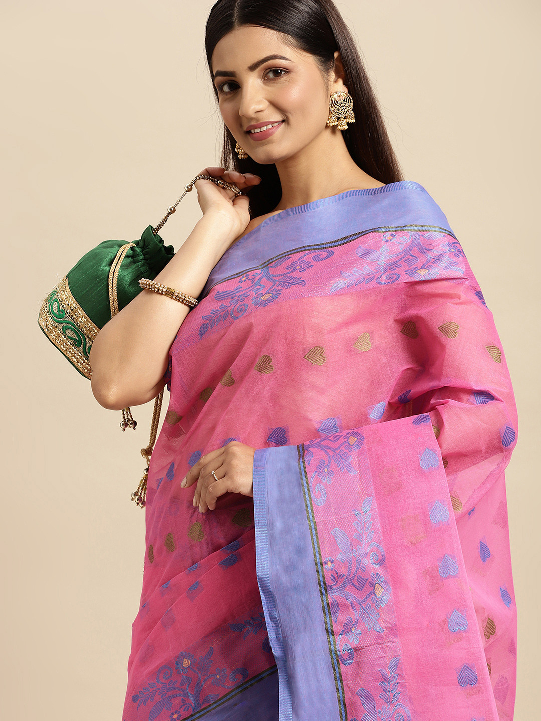 

DESH BIDESH Pink & Blue Ethnic Motifs Pure Cotton Taant Saree