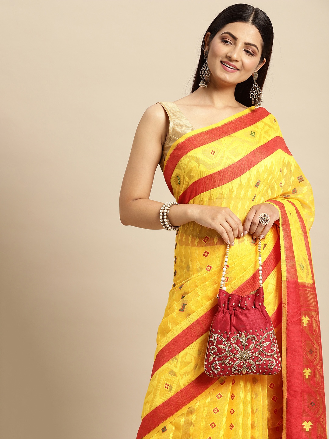 

DESH BIDESH Red & Yellow Woven Design Pure Cotton Jamdani Saree