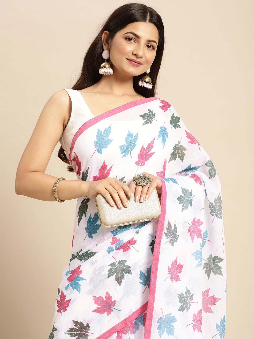 

DESH BIDESH Pink & White Woven Design Pure Cotton Taant Saree