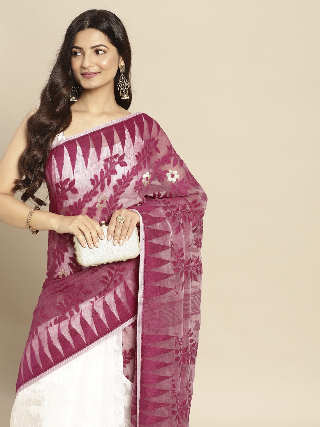 

DESH BIDESH Magenta & White Ethnic Motifs Pure Cotton Taant Saree