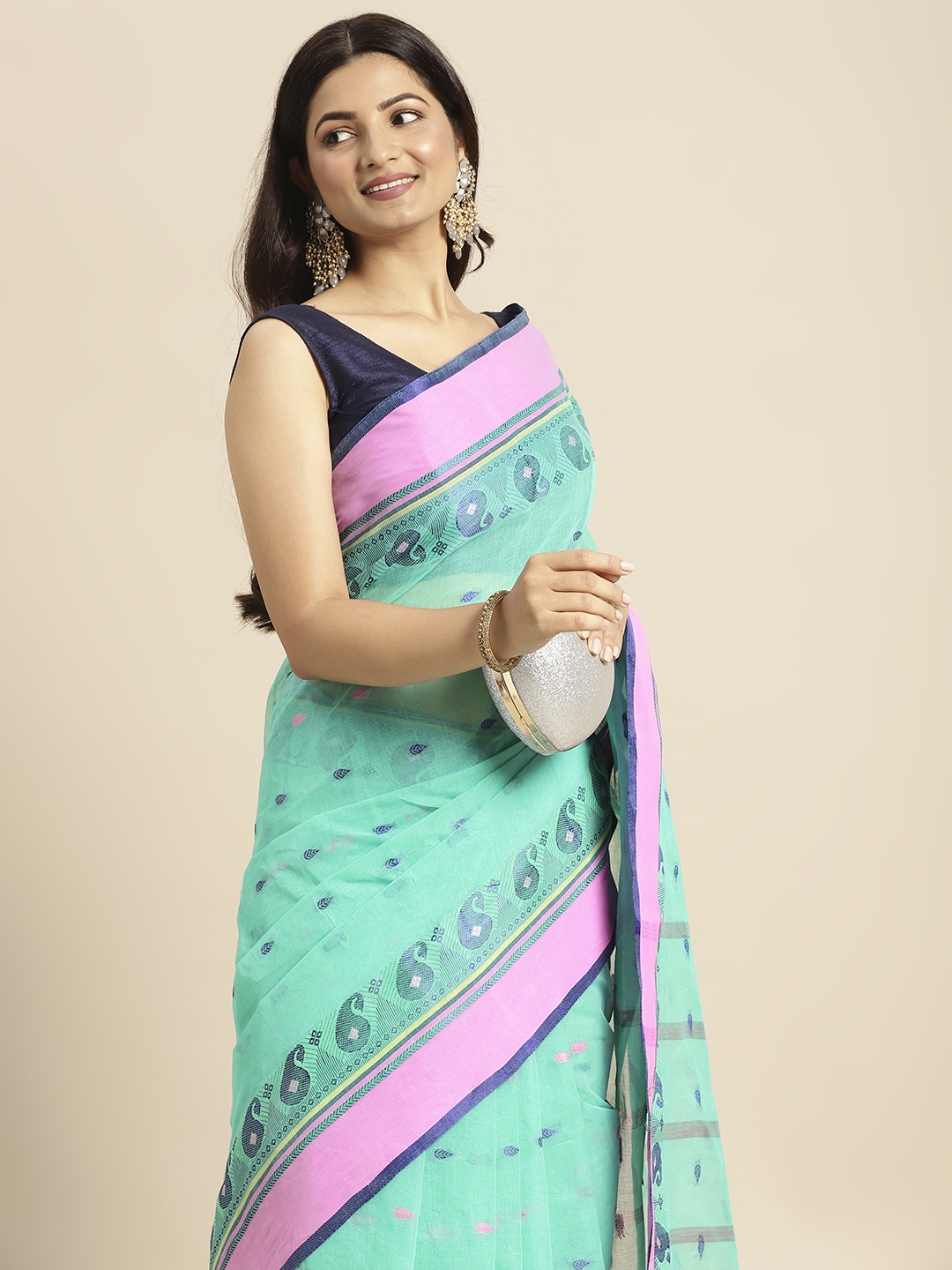 

DESH BIDESH Blue Woven Design Pure Cotton Taant Saree