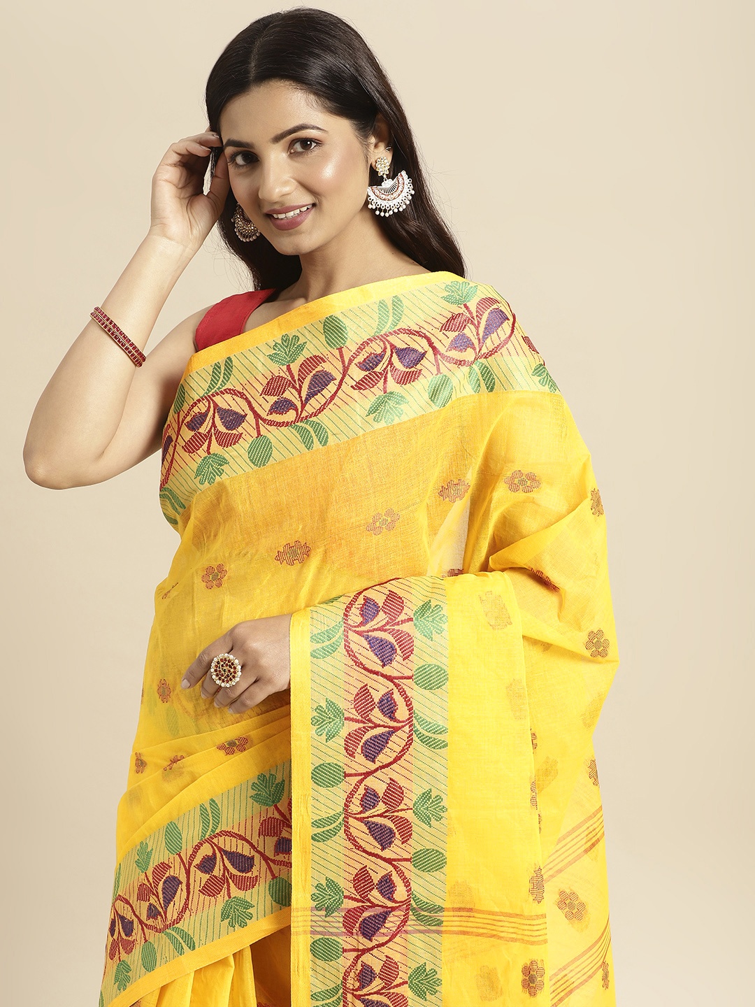 

DESH BIDESH Yellow Ethnic Motifs Pure Cotton Taant Saree