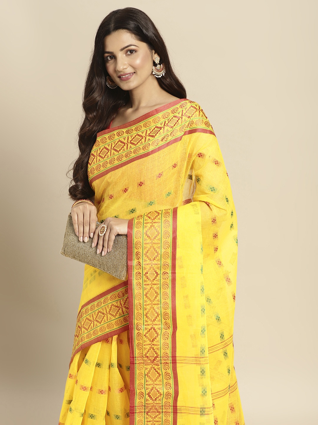 

DESH BIDESH Yellow & Pink Ethnic Motifs Pure Cotton Taant Saree