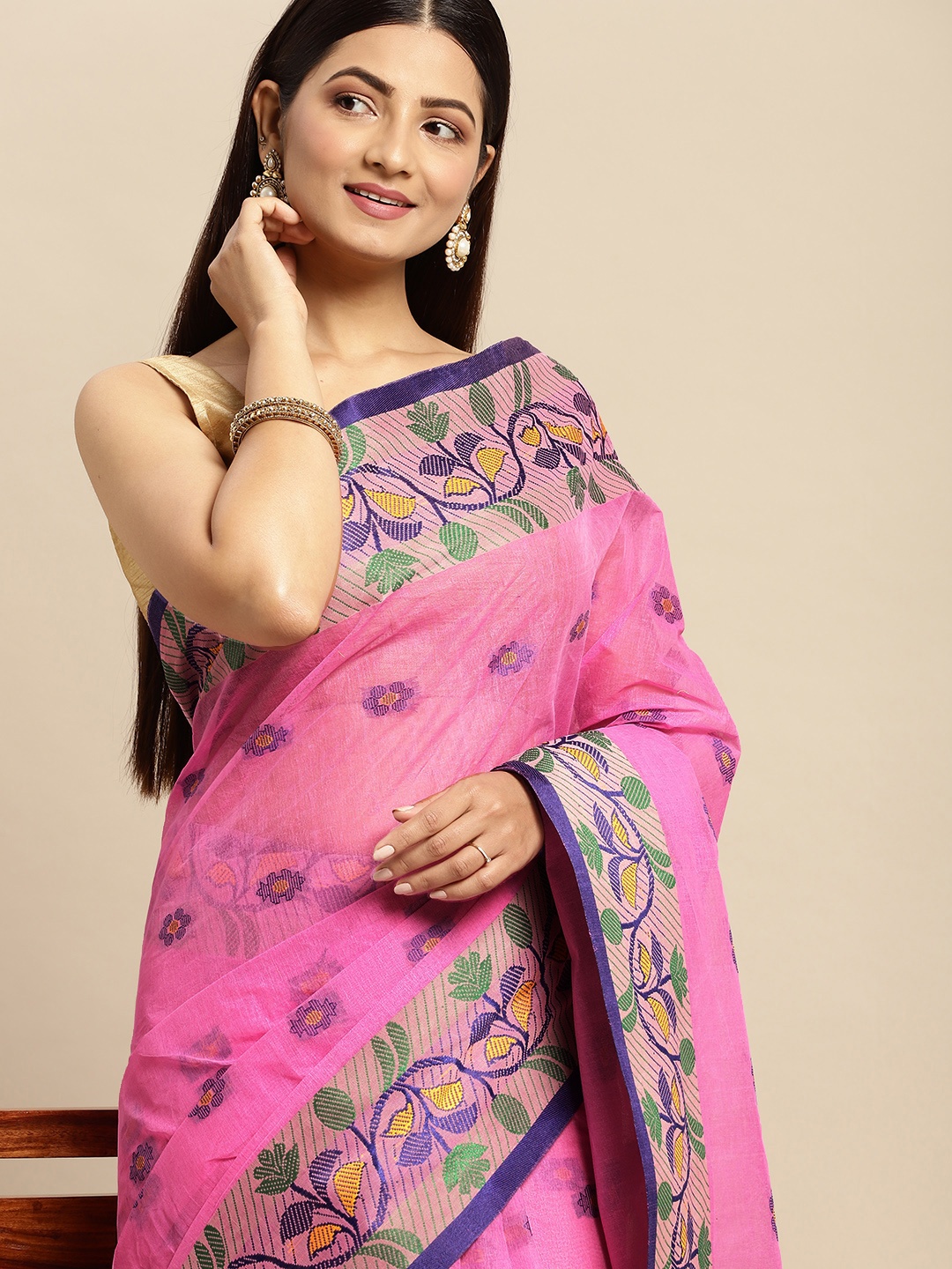 

DESH BIDESH Pink & Blue Ethnic Motifs Pure Cotton Taant Saree