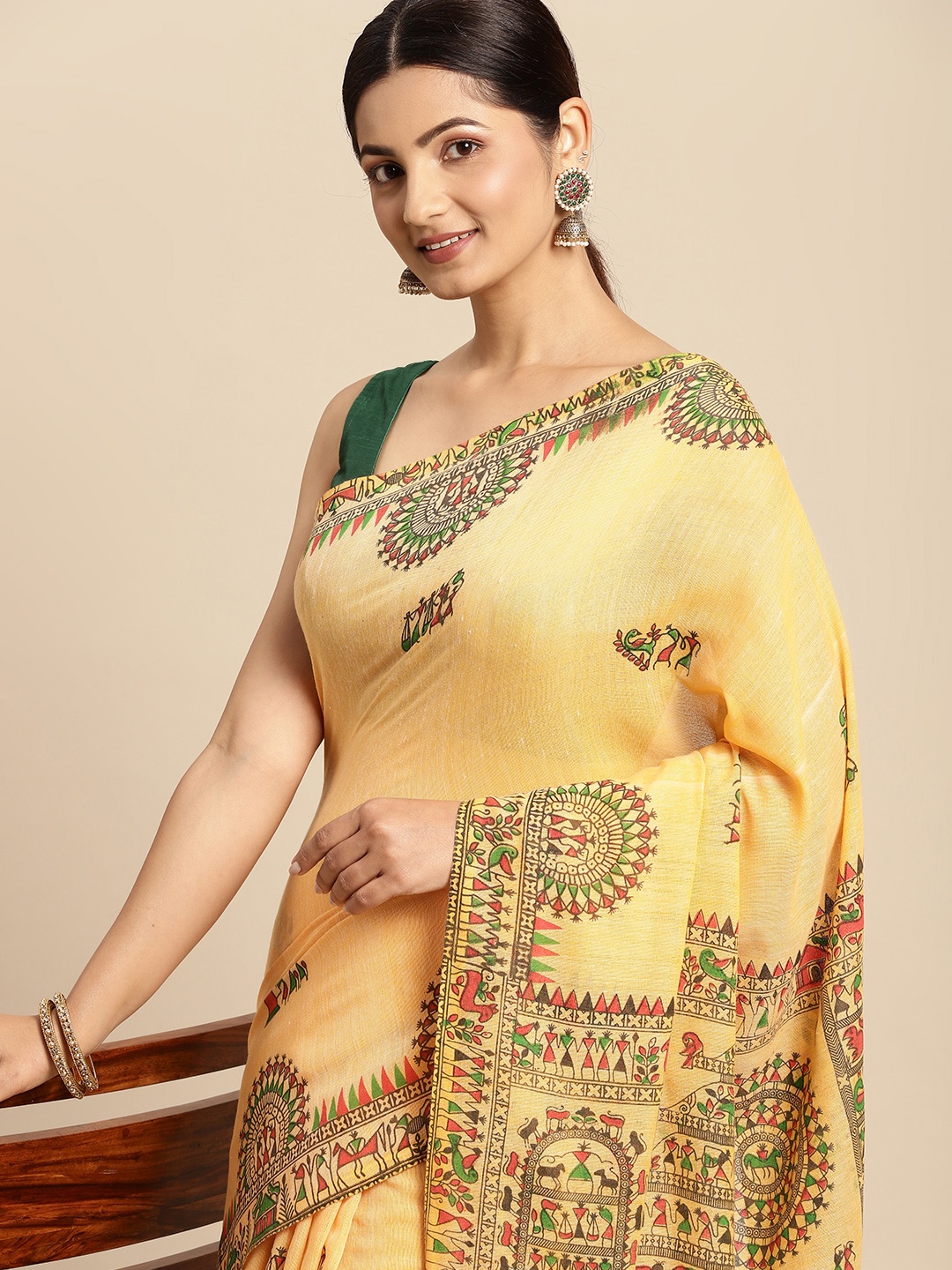 

DESH BIDESH Yellow & Green Warli Print Pure Cotton Taant Saree