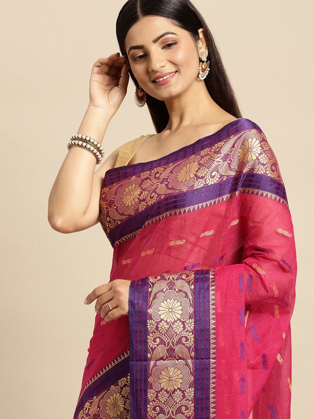 

DESH BIDESH Pink Ethnic Motifs Pure Cotton Taant Saree