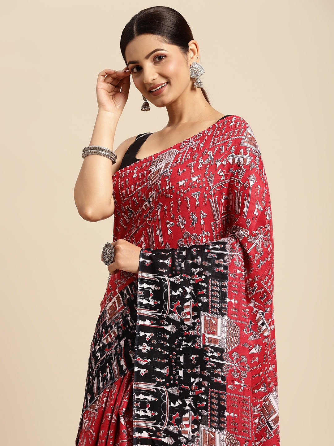 

DESH BIDESH Maroon & Black Kalamkari Pure Cotton Taant Saree