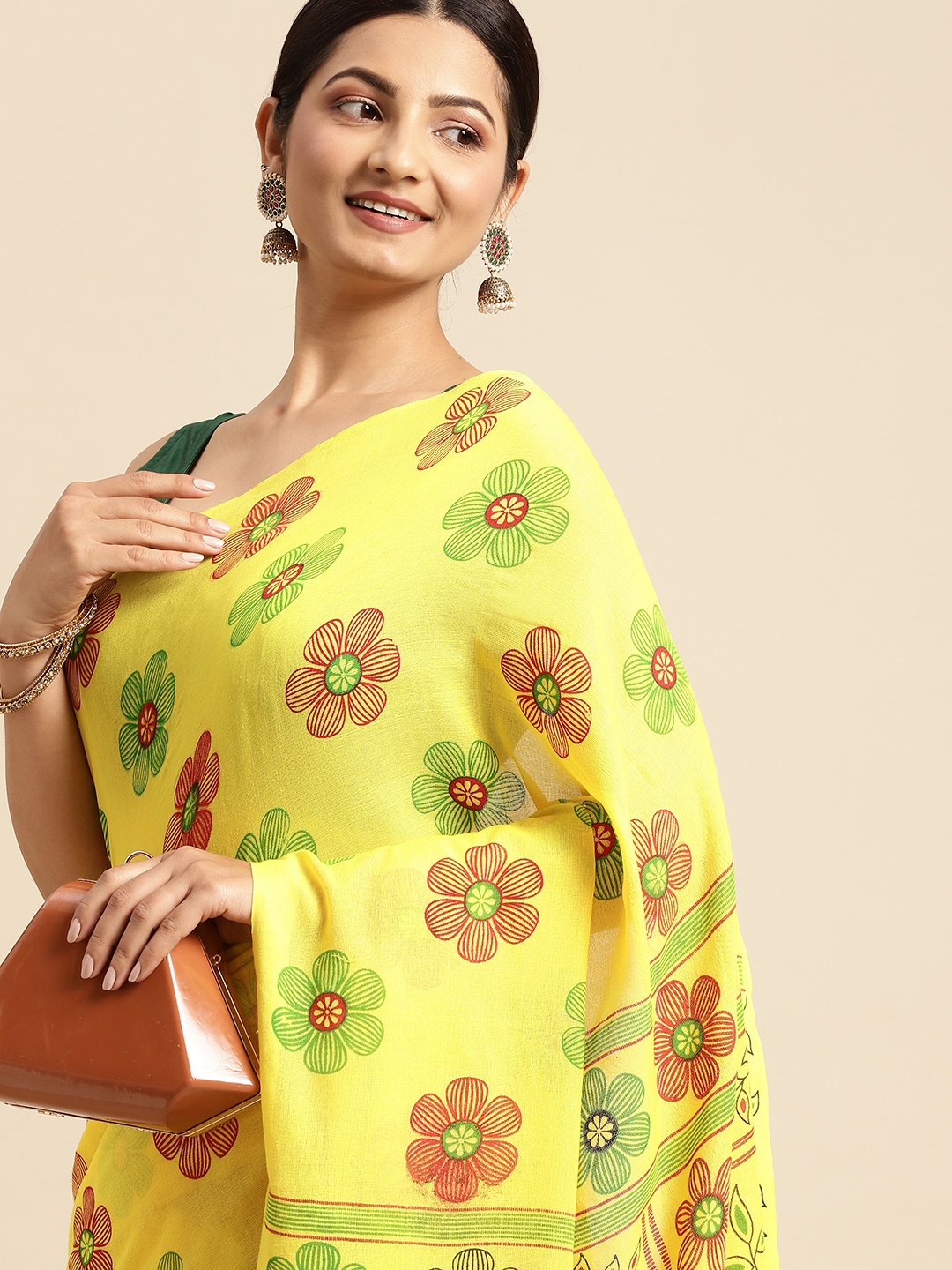 

DESH BIDESH Yellow & Maroon Floral Print Pure Cotton Taant Saree