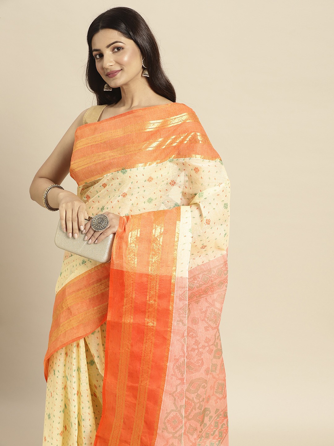 

DESH BIDESH Peach-Coloured & Beige Ethnic Motifs Pure Cotton Taant Saree