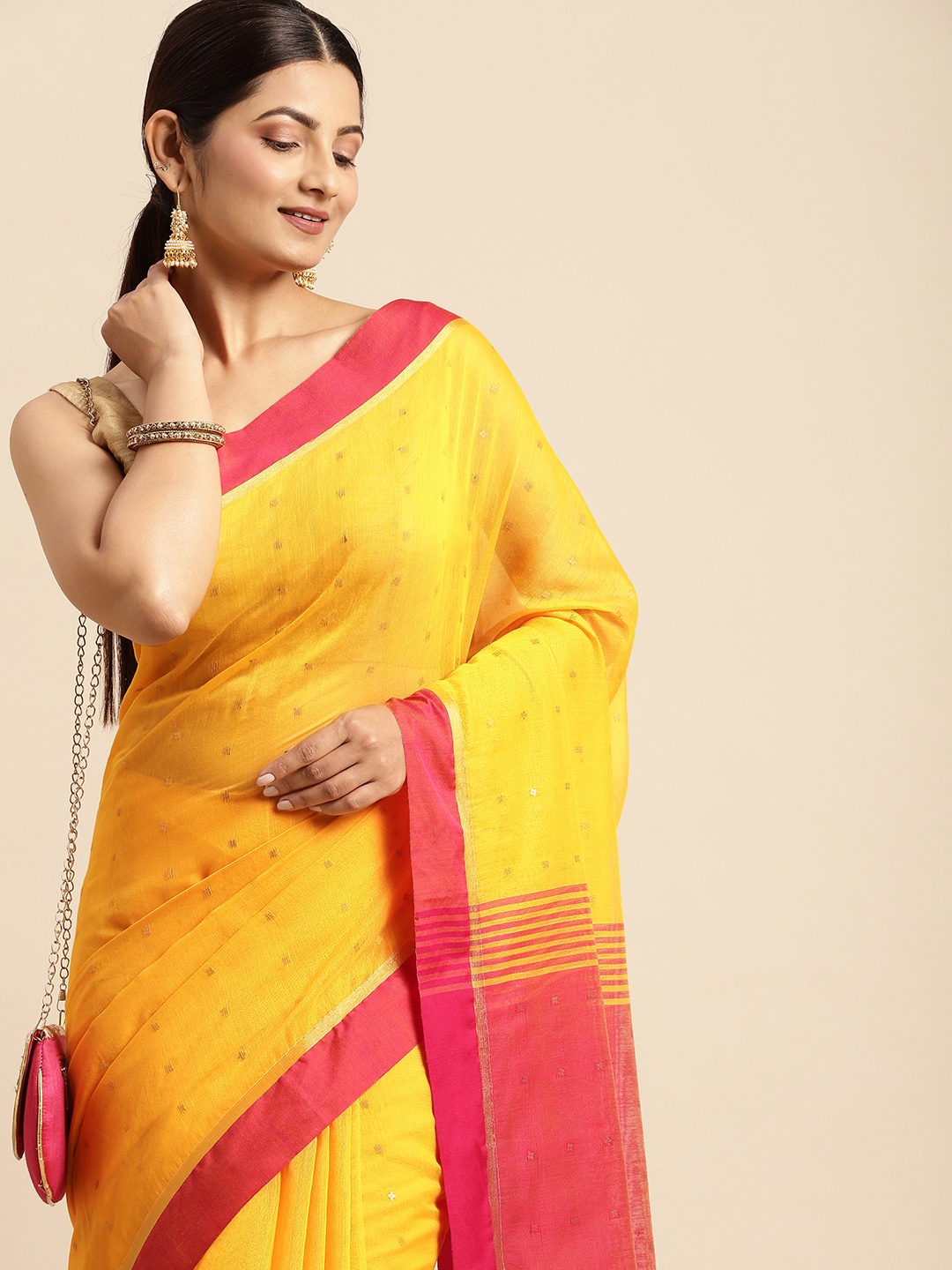 

DESH BIDESH Yellow Solid Pure Cotton Taant Saree