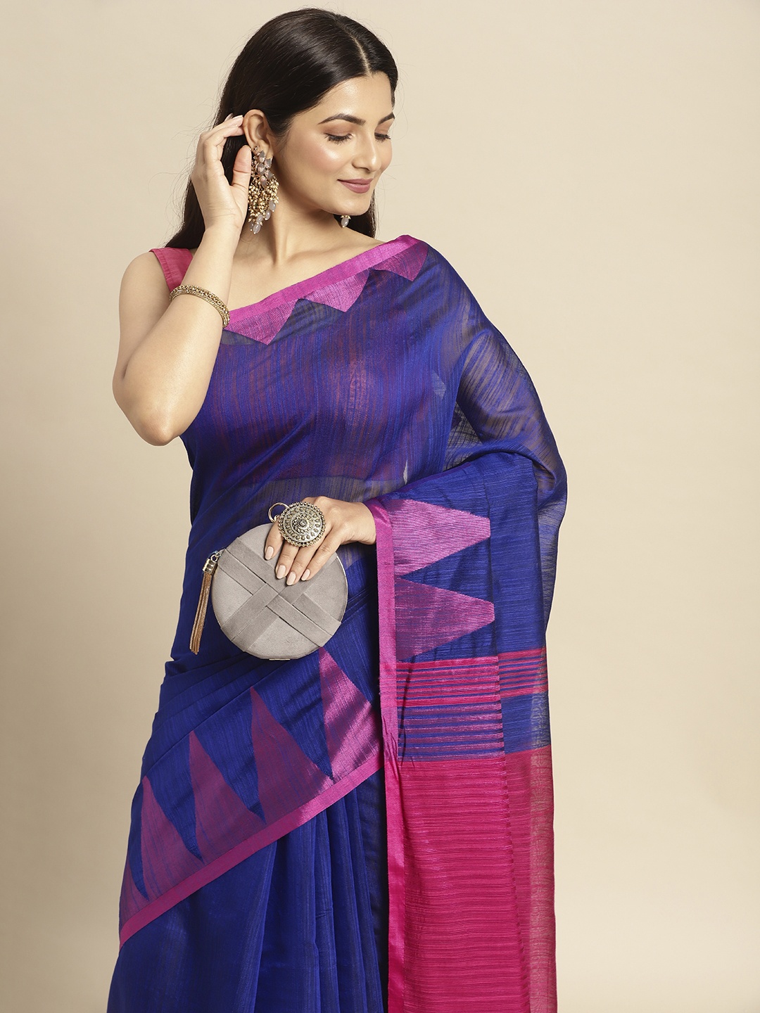 

DESH BIDESH Blue & Pink Woven Design Pure Cotton Taant Saree