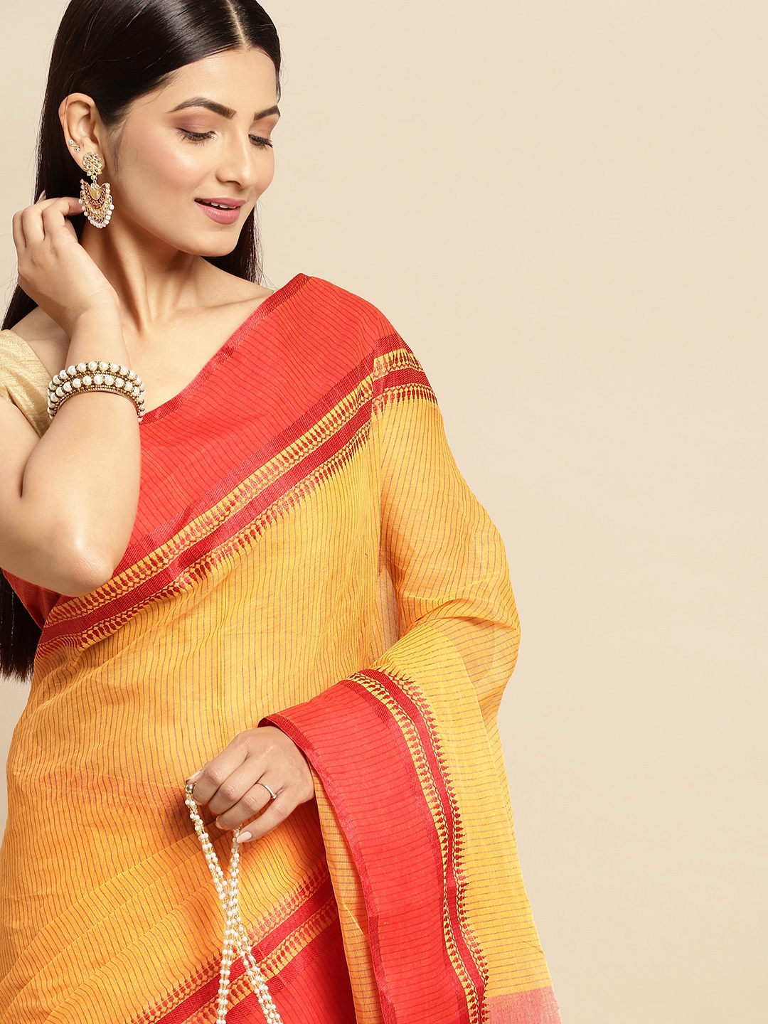 

DESH BIDESH Yellow & Orange Woven Design Pure Cotton Taant Saree