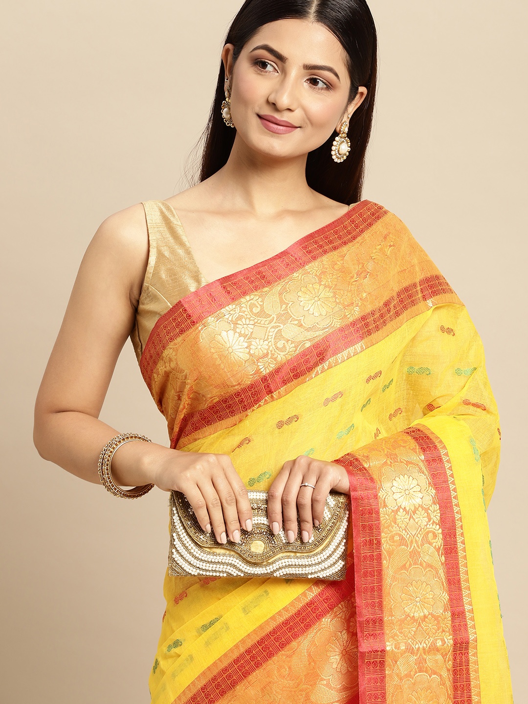 

DESH BIDESH Yellow Ethnic Motifs Pure Cotton Taant Saree