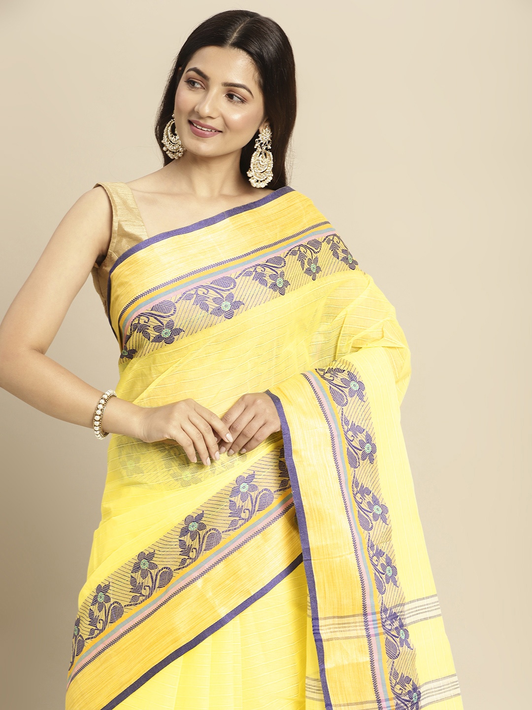 

DESH BIDESH Yellow & Purple Ethnic Motifs Pure Cotton Taant Saree