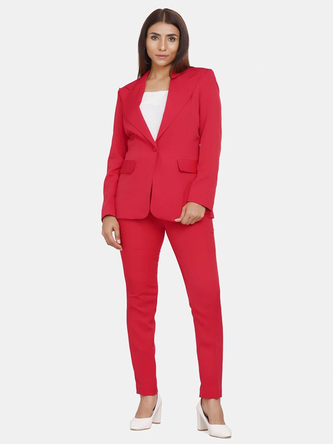 

PowerSutra Women Red Solid Blazer With Trousers