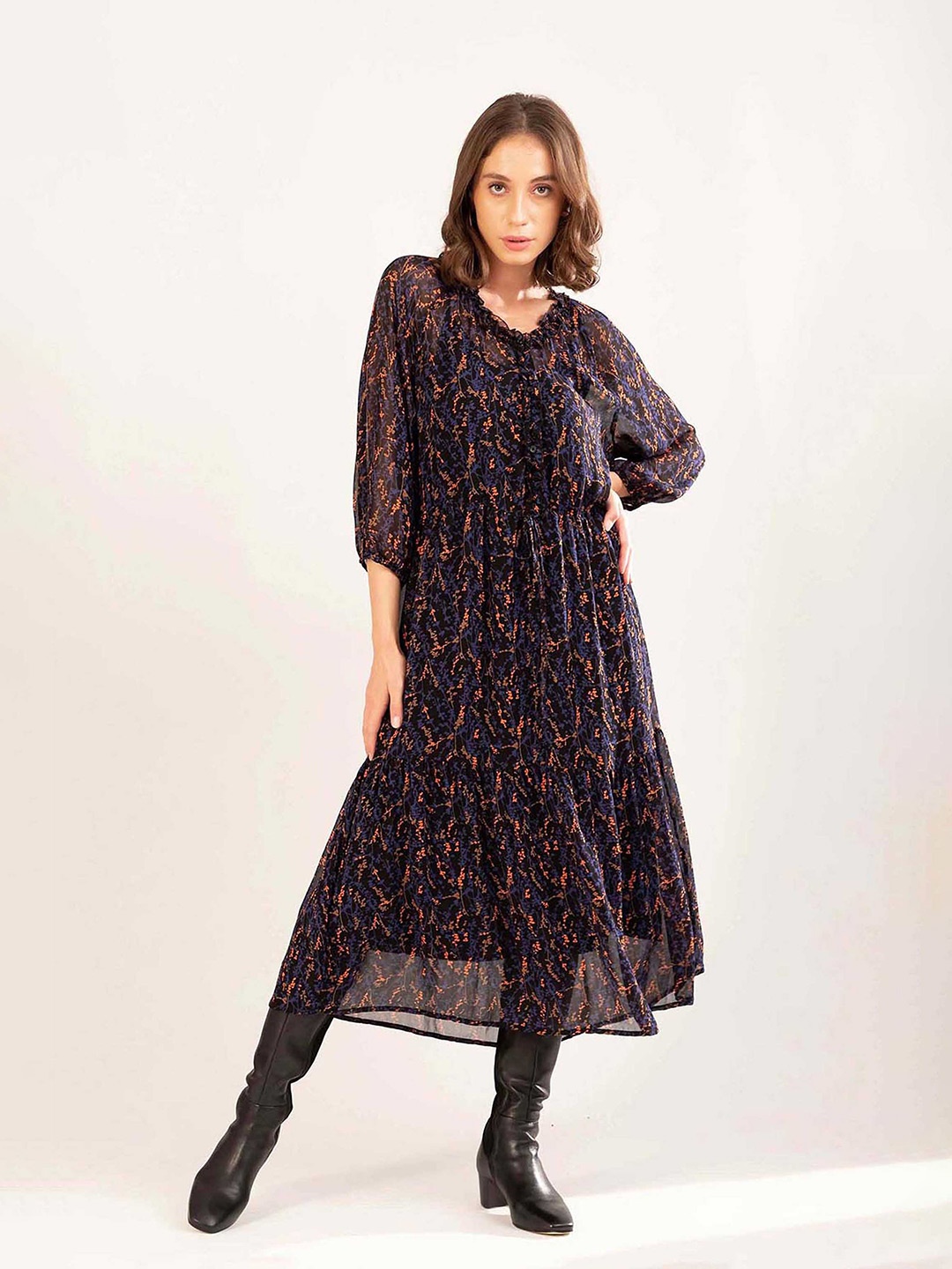 

B Copenhagen Black Floral A-Line Midi Dress