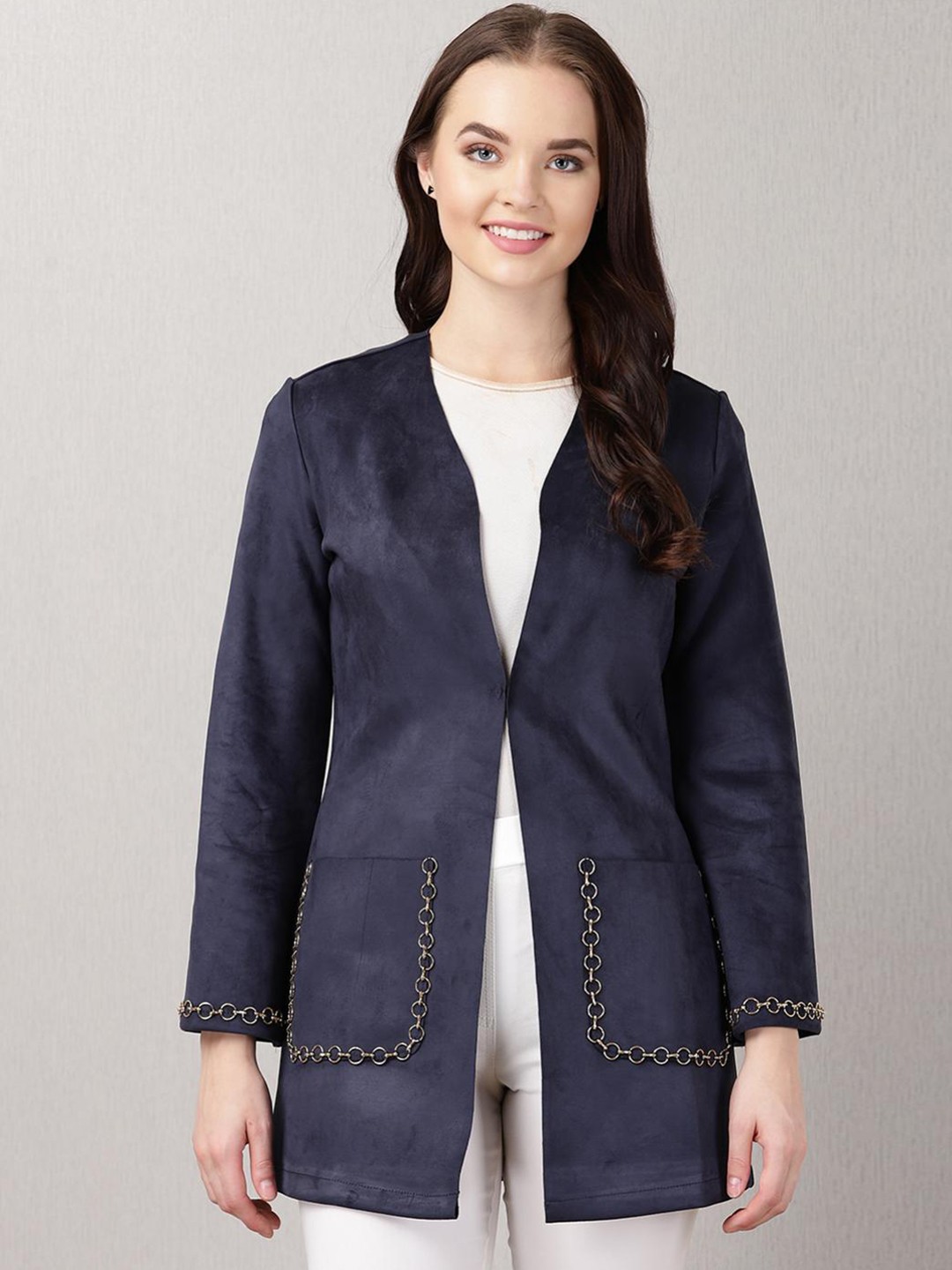 

Lakshita Women Blue Floral Crop Outdoor Open Front Jacket
