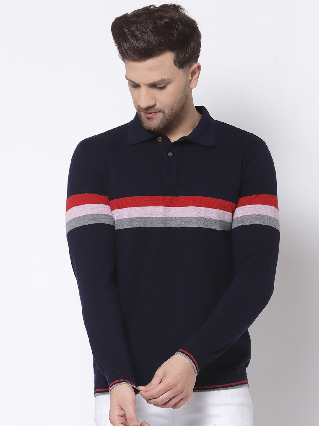 

Kalt Men Navy Blue Striped Polo Collar T-shirt