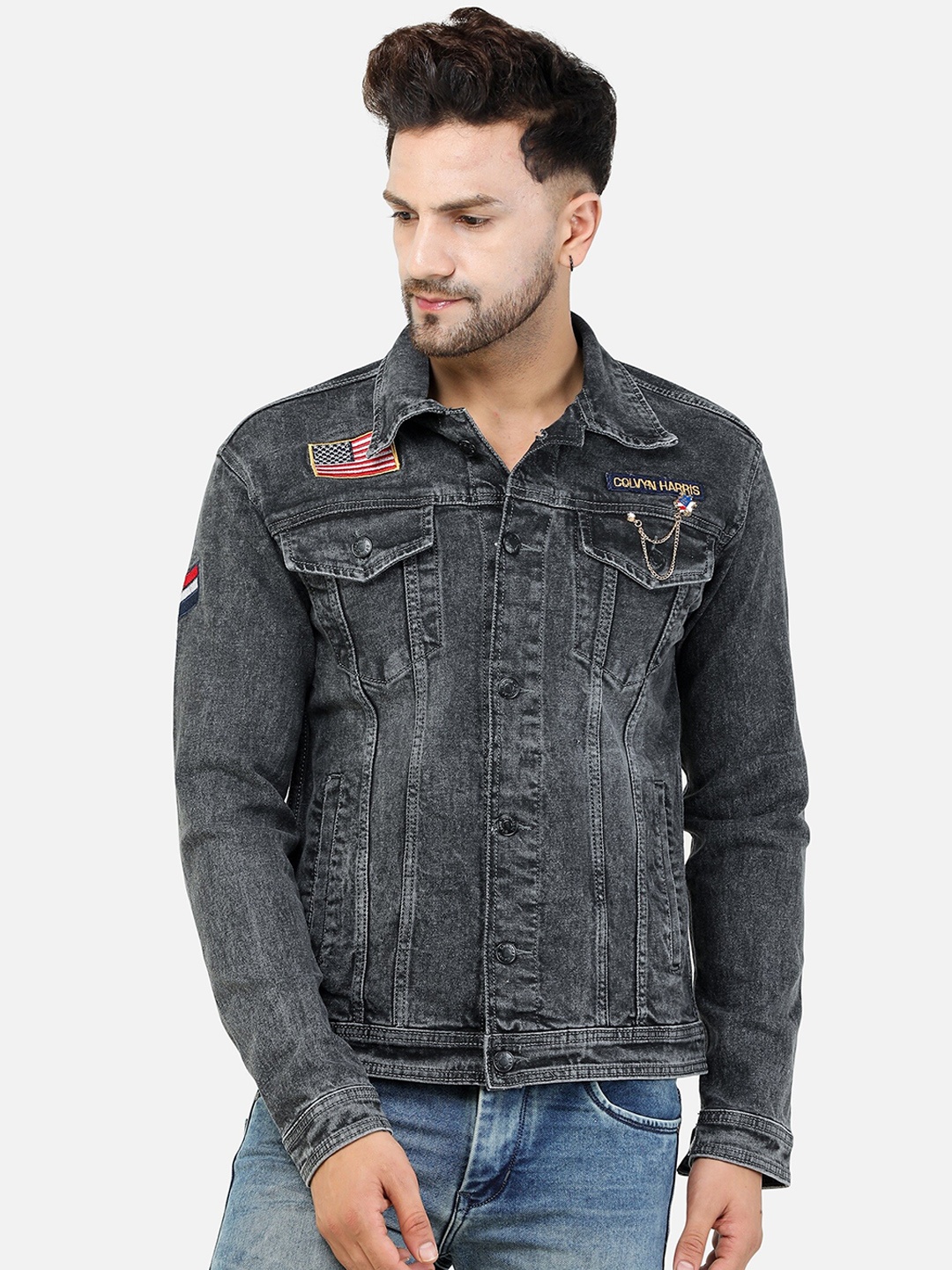 

COLVYNHARRIS JEANS Men Black Washed Crop Denim Jacket with Embroidered