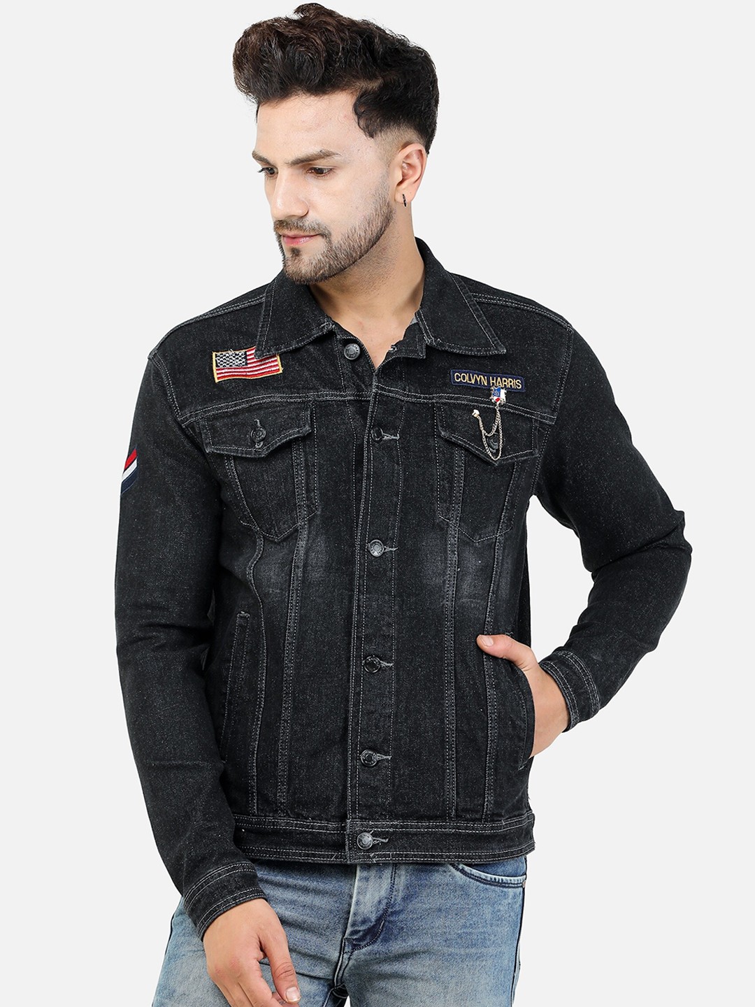 

COLVYNHARRIS JEANS Men Black Washed Denim Jacket
