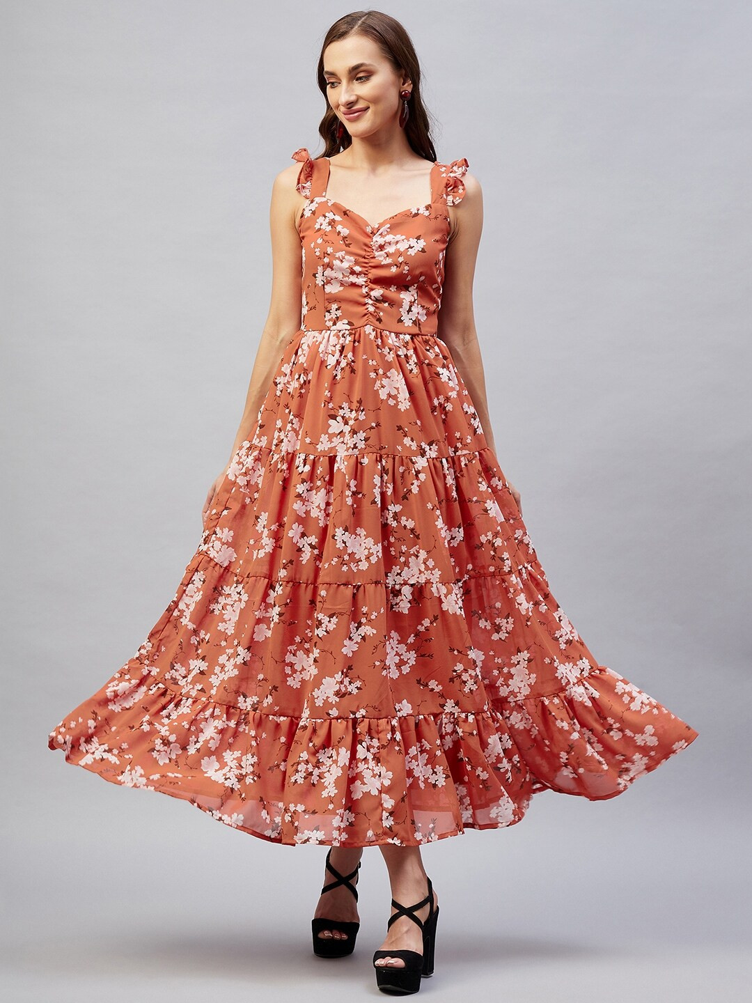 

Marie Claire Brown Floral Georgette Maxi Maxi Dress