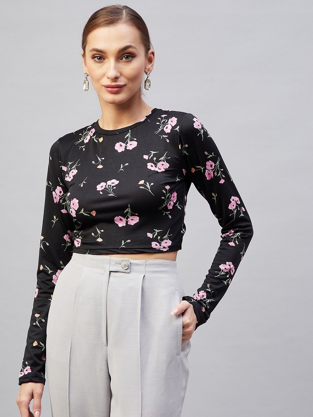 

Marie Claire Black Floral Print Styled Back Crop Top