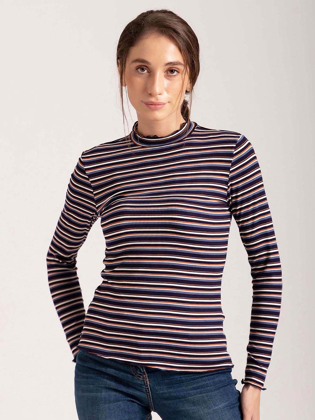 

B Copenhagen Women Blue Striped High Neck Drop-Shoulder Sleeves T-shirt