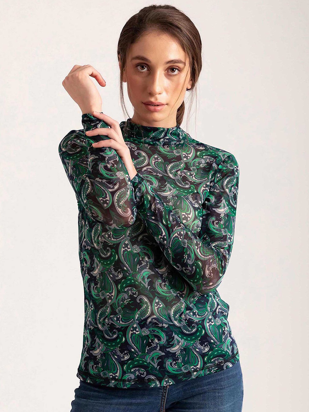 

B Copenhagen Women Green Floral Printed Mandarin Collar Extended Sleeves T-shirt