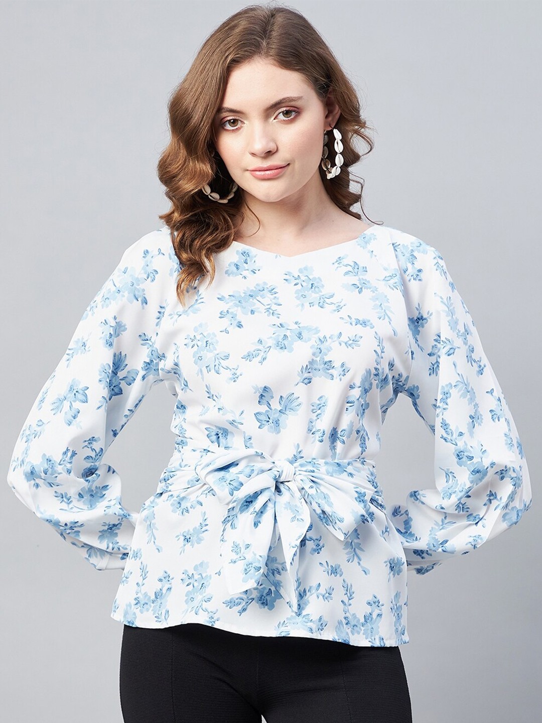 

RARE Blue Floral Print Crepe Cinched Waist Top
