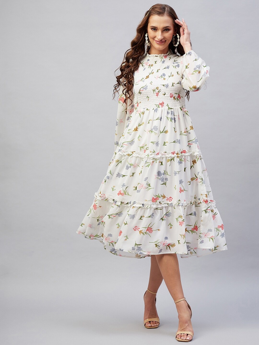 

RARE Off White Floral Georgette A-Line Midi Dress