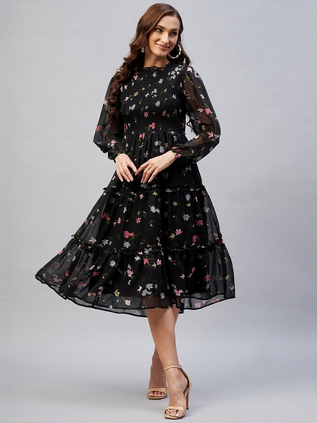 

RARE Black Floral Georgette Midi Dress