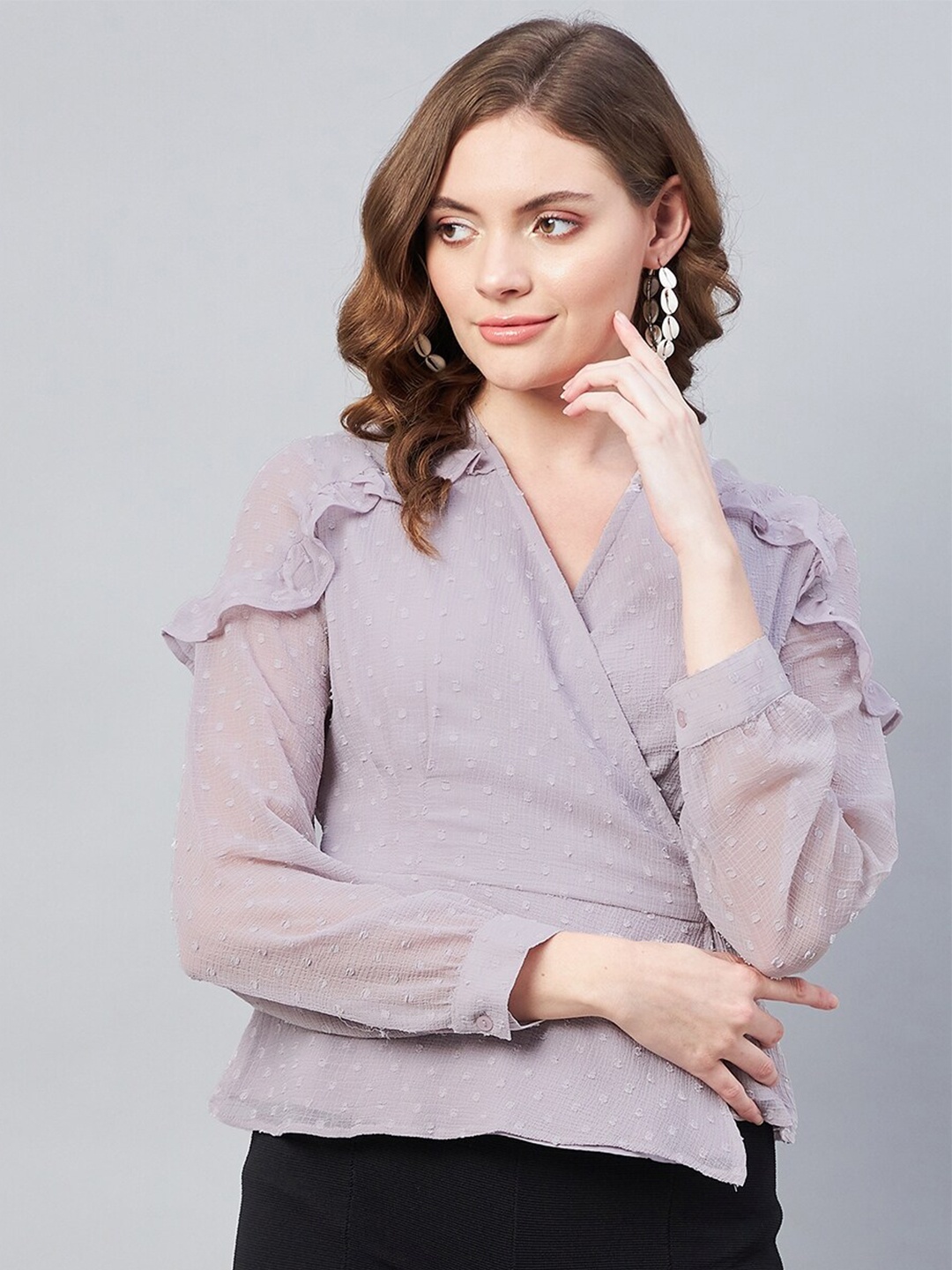 

Carlton London Grey Ruffles Chiffon Wrap Top