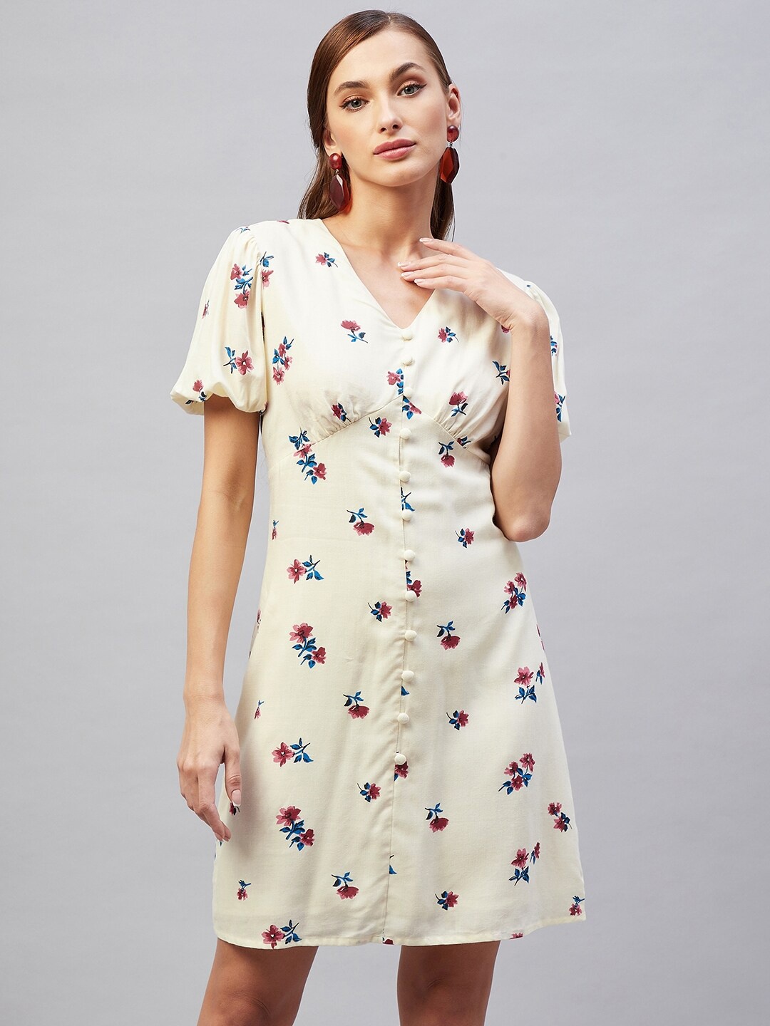 

Carlton London Cream-Coloured Floral A-Line Dress