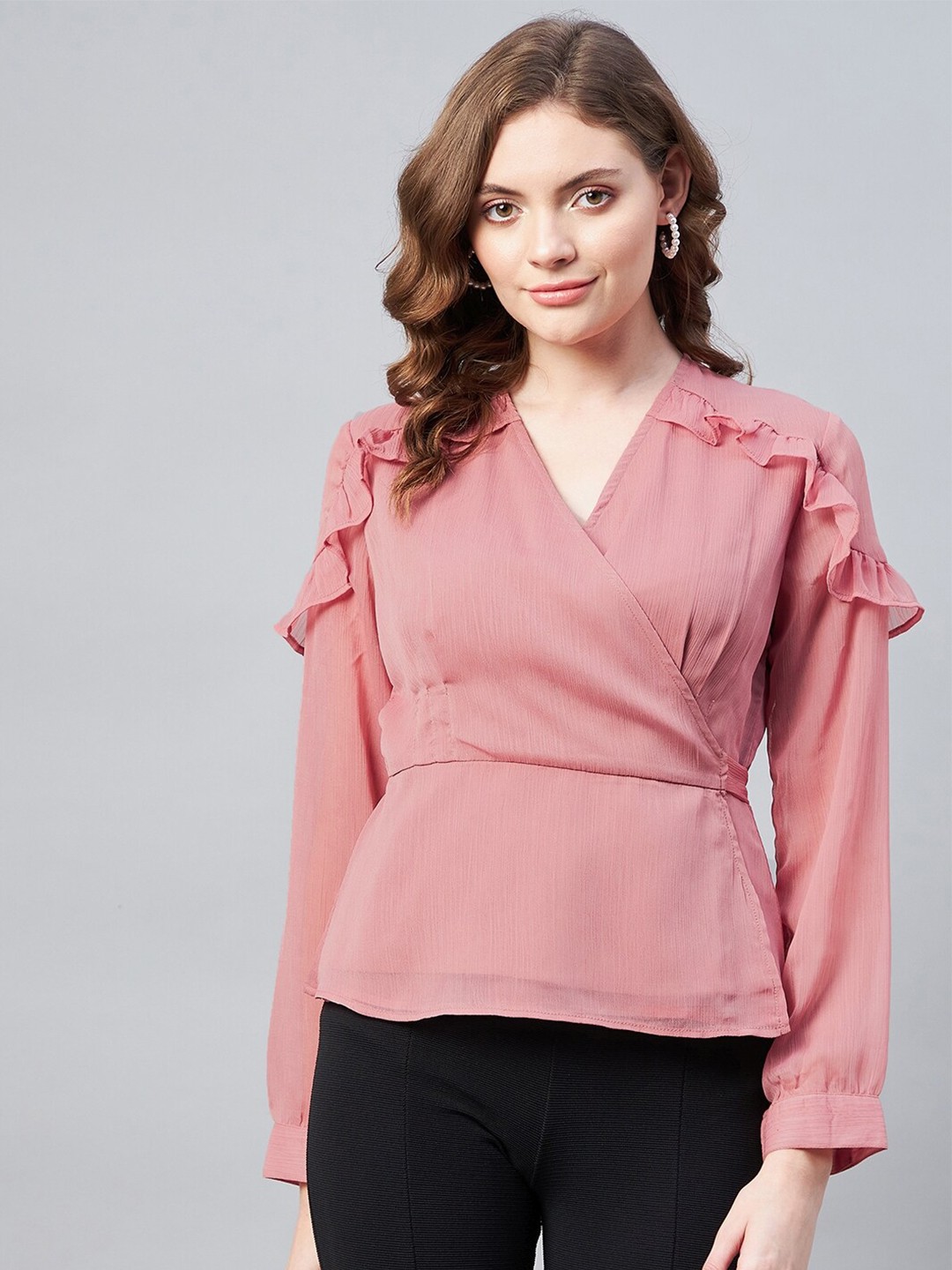 

Carlton London Peach-Coloured Ruffles Chiffon Wrap Top