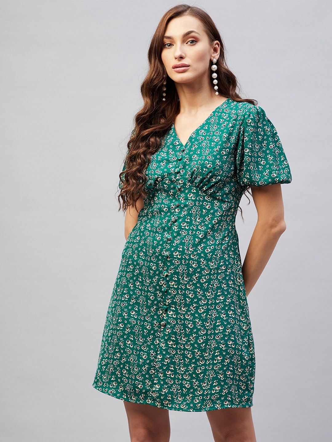 

Carlton London Green Floral Georgette Empire Dress