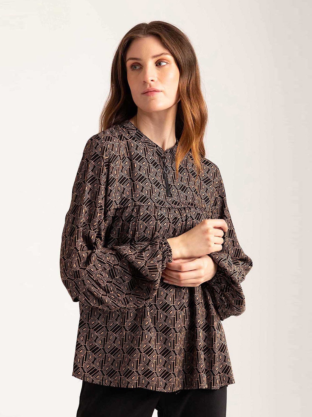 

B Copenhagen Black Print Mandarin Collar Top