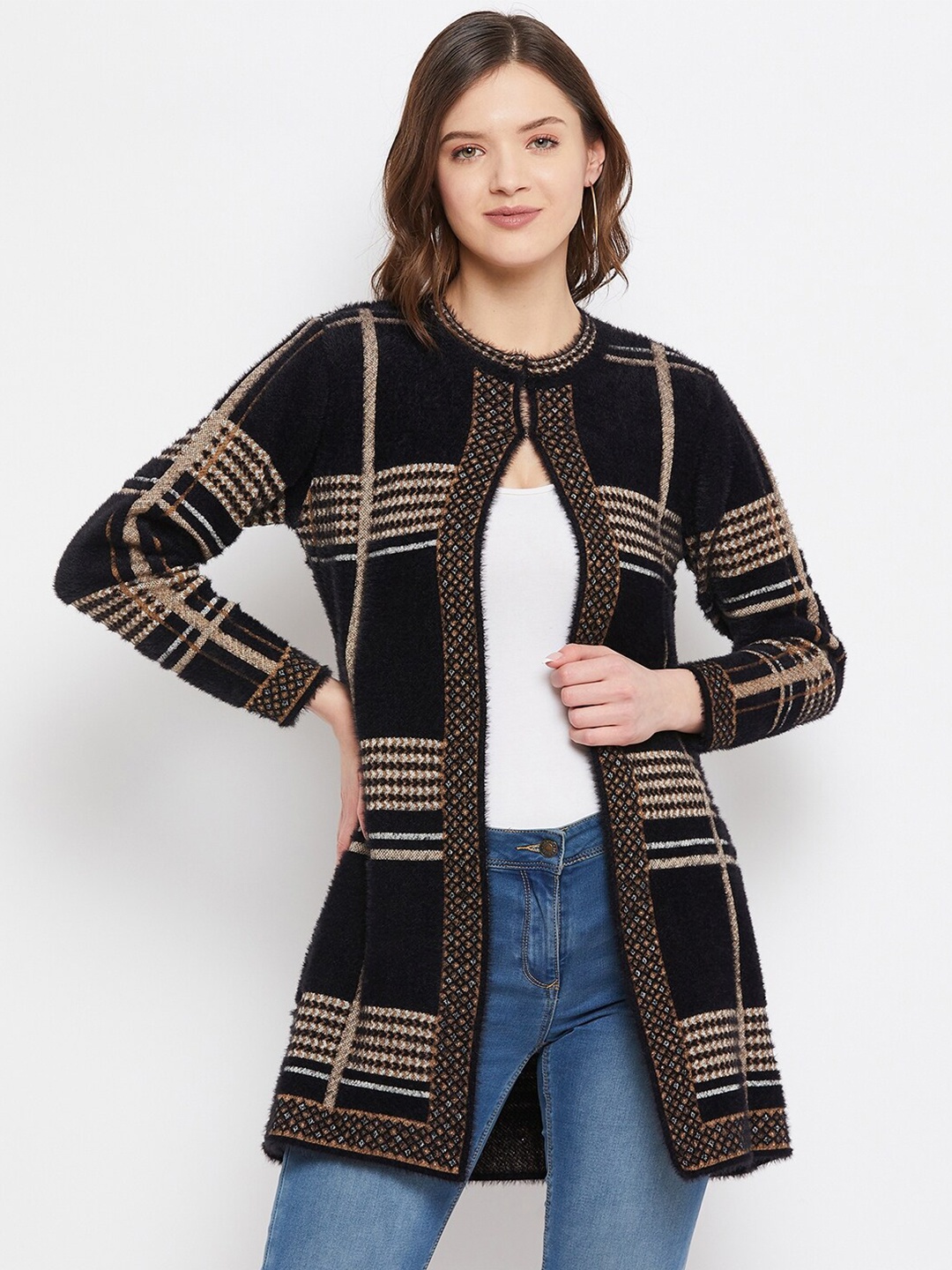 

Knitstudio Women Black & Beige Striped Knitted Woolen Longline Shrug