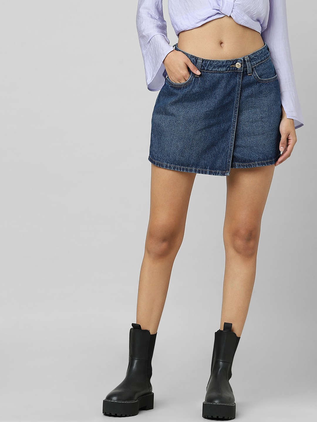 

ONLY Women Blue Solid Mini A-line Denim Skirts