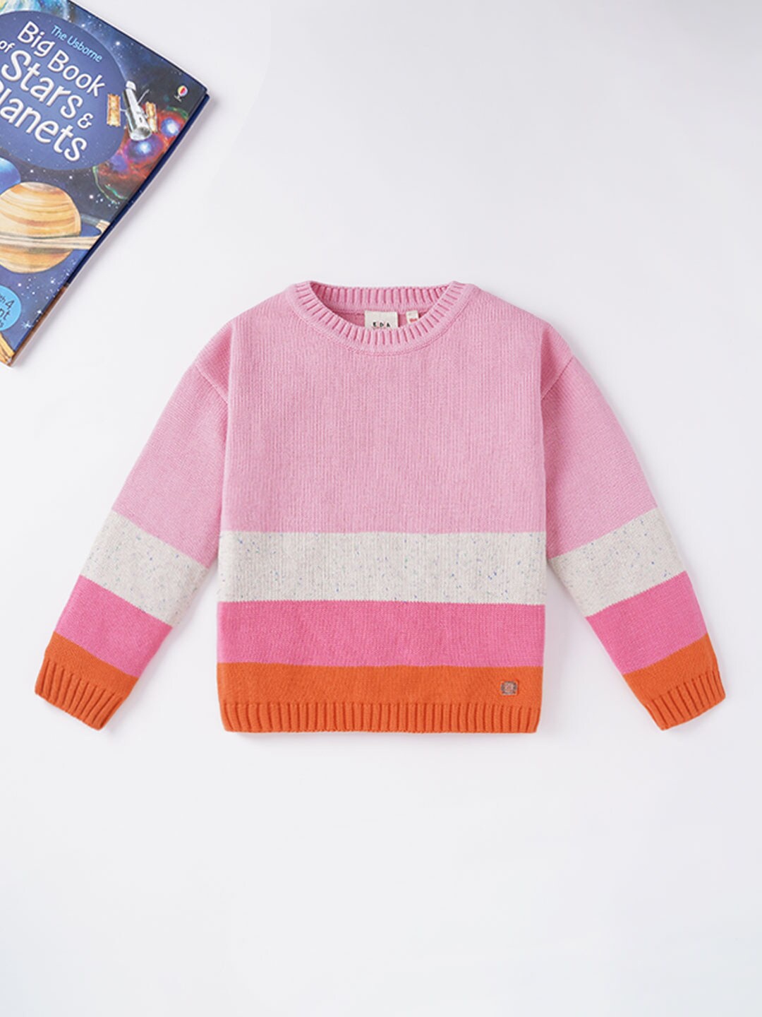 

Ed-a-Mamma Girls Pink & White Colourblocked Cotton Pullover