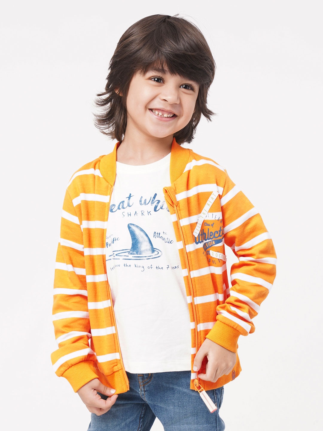 

Ed-a-Mamma Boys Orange Striped Crop Tailored Jacket with Patchwork