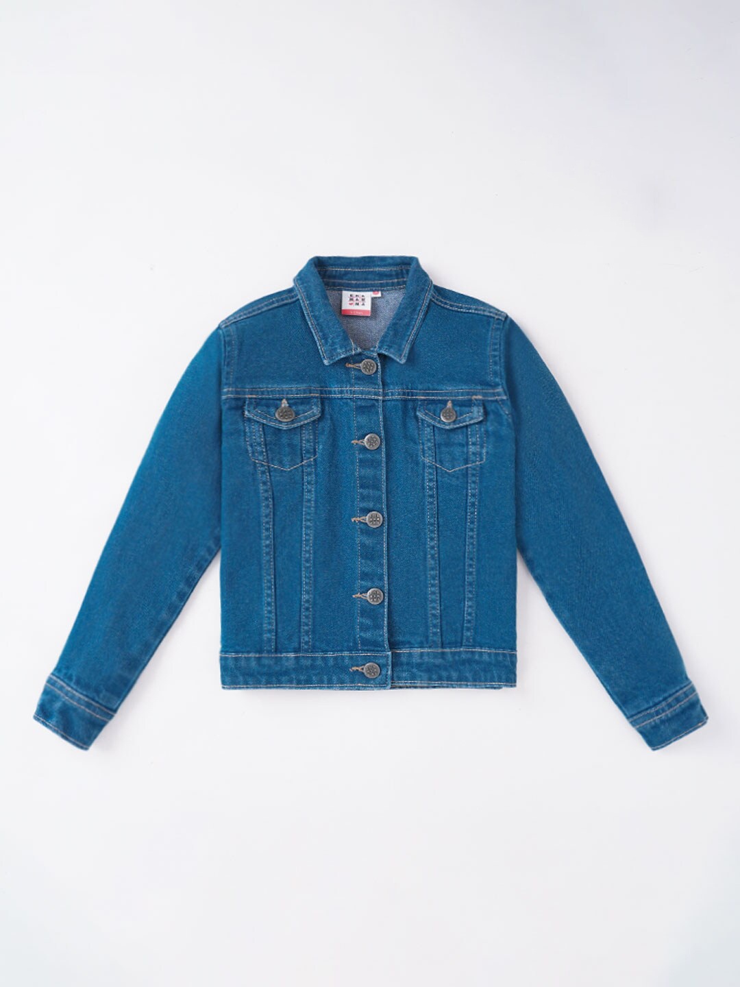 

Ed-a-Mamma Girls Blue Washed Striped Crop Denim Jacket with Patchwork