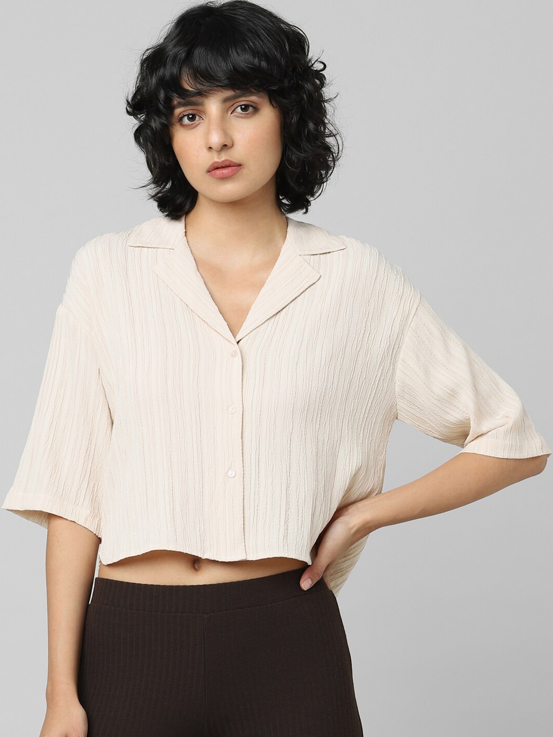 

ONLY Women Beige Boxy Striped Casual Shirt