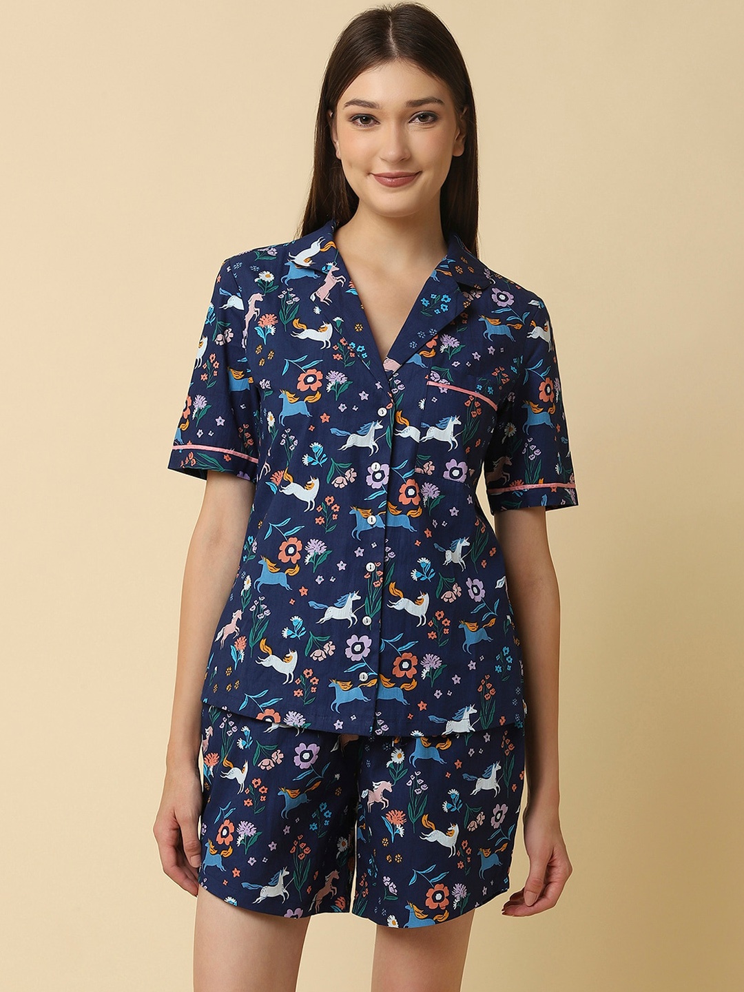 

RAASSIO Women Blue & Green Printed Pure Cotton Night suit