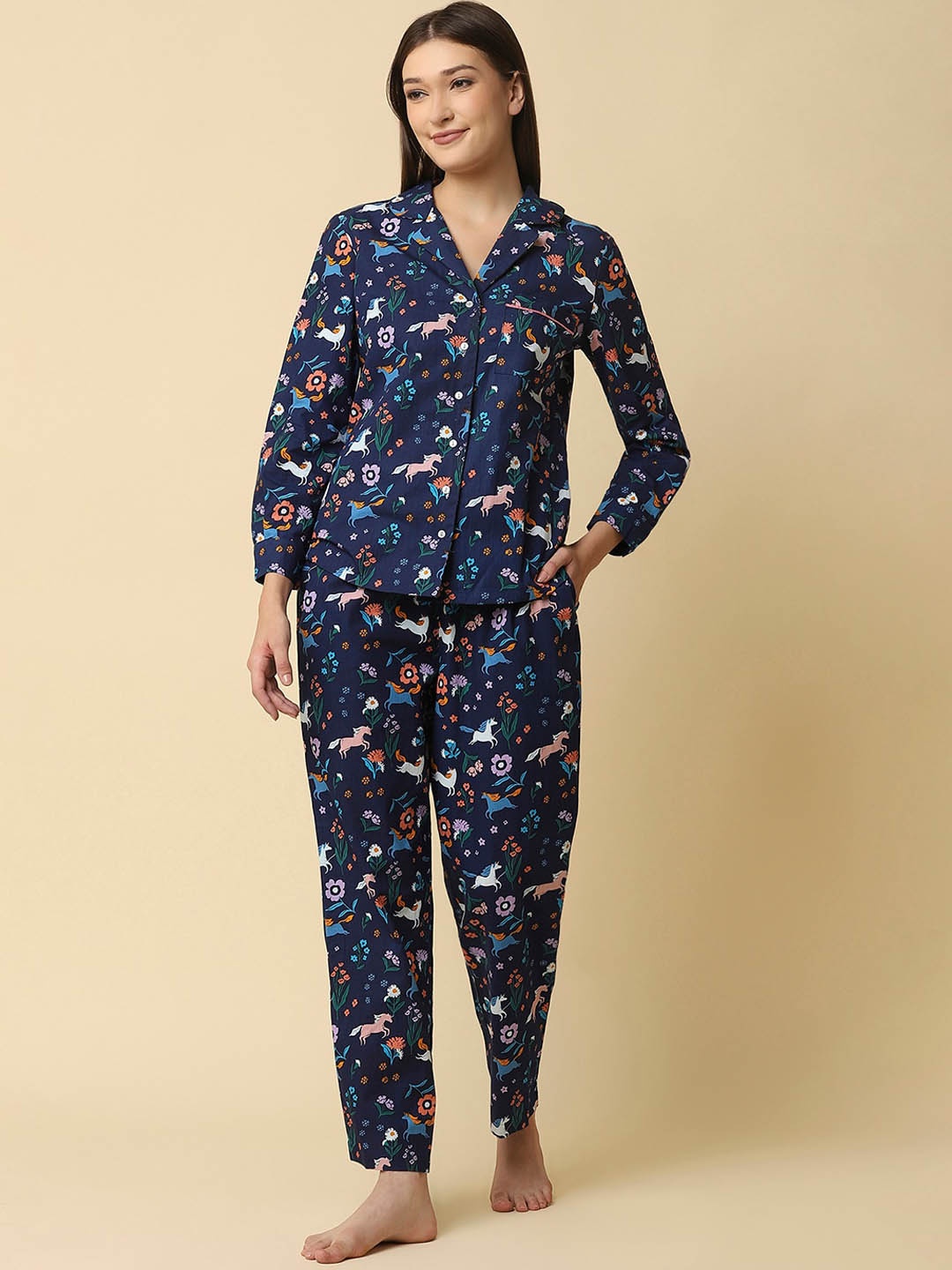 

RAASSIO Women Blue & Yellow Printed Pure Cotton Night suit